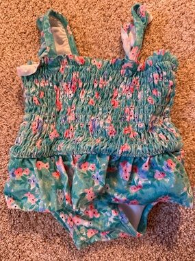 Janie and Jack Turquoise and Pink Floral Smocked One-Piece